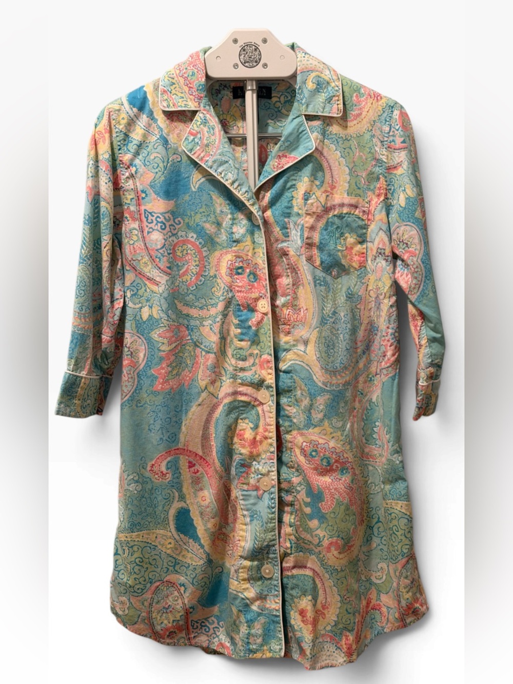 Lauren Ralph Lauren Pastel Paisley Button-Front Sleep Shirt | Teal and Coral MED